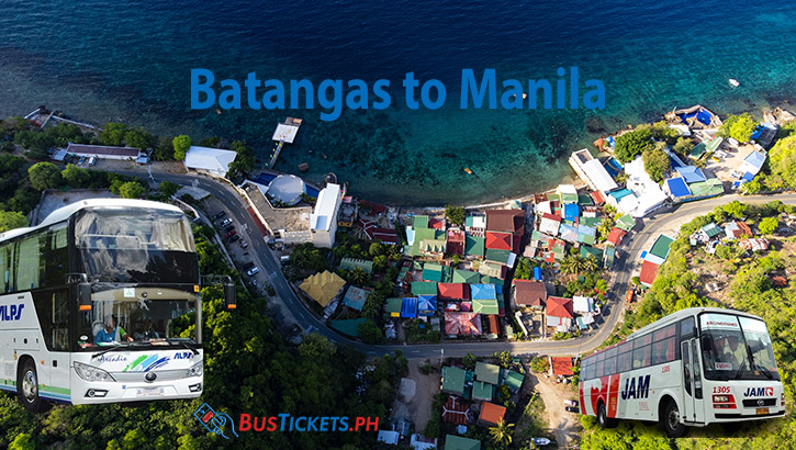 Batangas to Manila bus routes showing ALPS and JAM Liner buses with aerial view of Batangas coastal road and houses