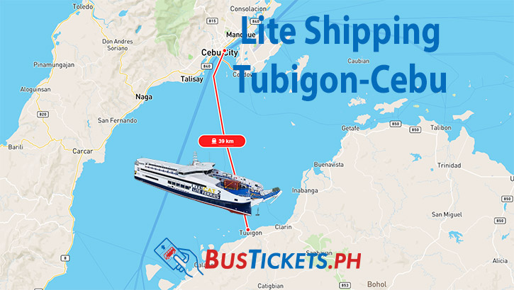 LiteCat 2 ferry crossing Cebu Strait on Tubigon-Cebu route, showing 39km maritime distance between ports