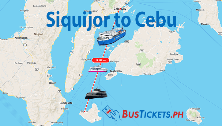 Ferry route map showing maritime connections between Siquijor and Cebu with ferry illustrations