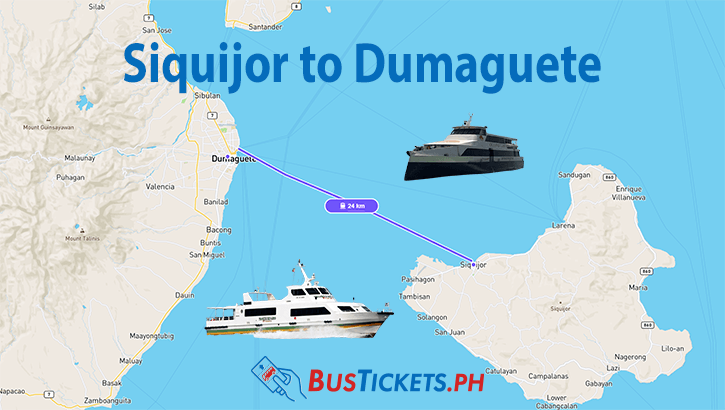 Map showing the ferry route from Siquijor to Dumaguete with illustrations of two ferries crossing the 24km distance across the Bohol Sea. A purple line indicates the direct route between the ports.
