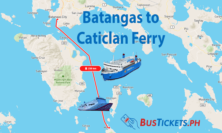 Map showing ferry route from Batangas to Caticlan with distance of 238 km marked in red line, featuring illustrations of two ferry vessels