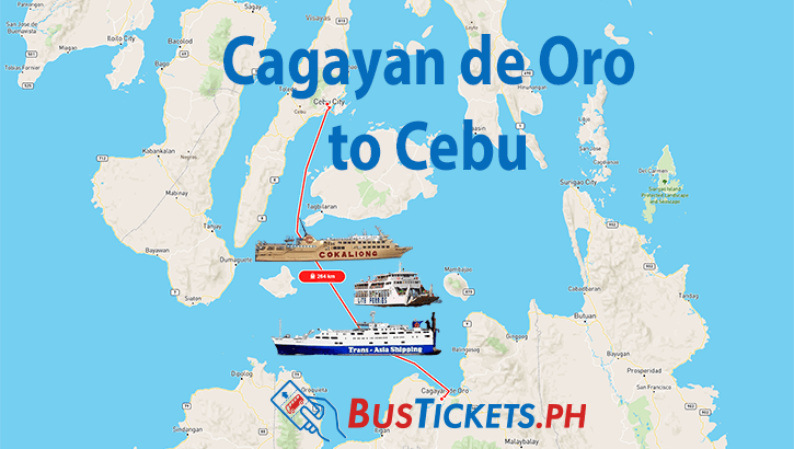 Ferry route map from Cagayan de Oro to Cebu showing ships crossing Bohol Sea with BusTickets.ph logo