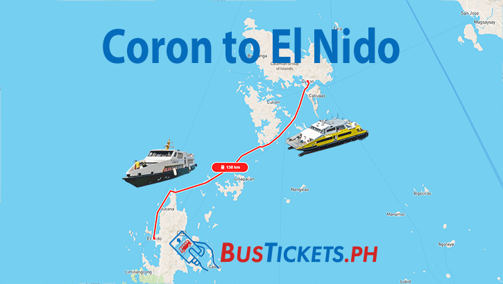 Map showing ferry route between Coron and El Nido with illustrations of Atienza and Jomalia ferries