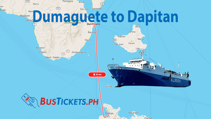 Map showing 83km ferry route between Dumaguete and Dapitan with Aleson RoRo ferry and BusTickets.ph logo