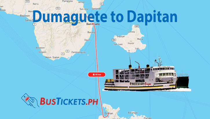 Map showing 83km ferry route between Dumaguete and Dapitan with RoRo ferry image and BusTickets.ph logo