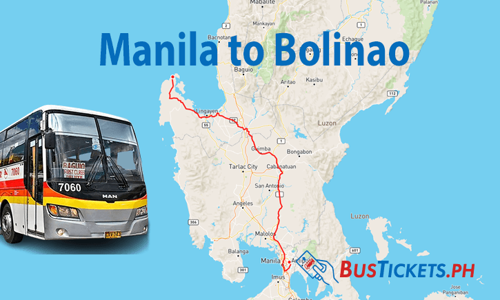 Map showing bus route from Manila to Bolinao with Victory Liner bus photo overlay