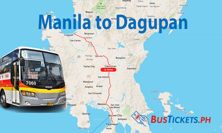 Map showing bus route from Manila to Dagupan with Victory Liner bus photo overlay