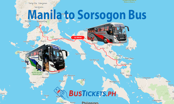 Map showing bus route from Manila to Sorsogon with bus images and BusTickets.ph logo