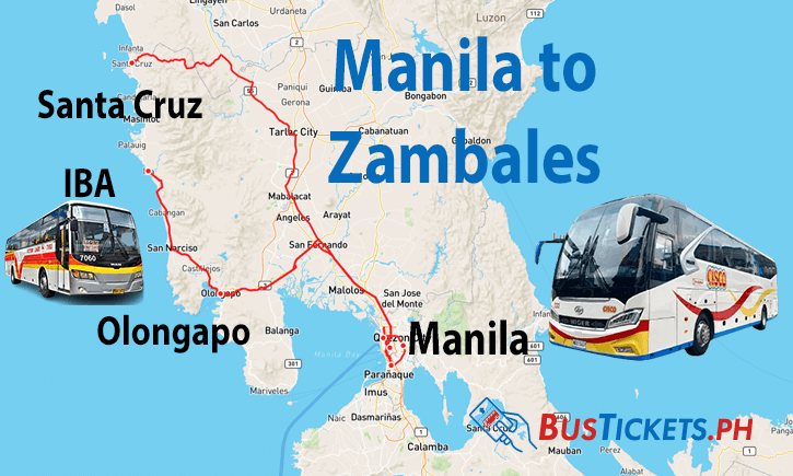 Map of bus route from Manila to Zambales showing major stops at Olongapo, IBA, and Santa Cruz, with bus images and BusTickets.ph logo