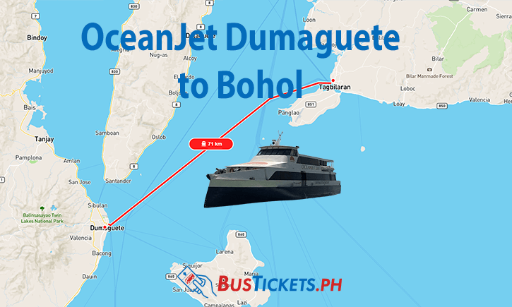 OceanJet ferry route map from Dumaguete to Tagbilaran, Bohol showing 71km sea crossing with vessel illustration