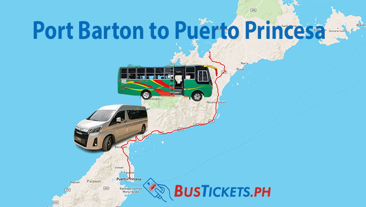 Map showing the route from Port Barton to Puerto Princesa with illustrations of a transit bus and a modern van