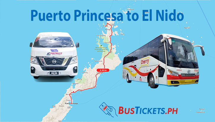 Map showing the route from Puerto Princesa to El Nido with illustrations of a Fortwally van and a Cherry bus