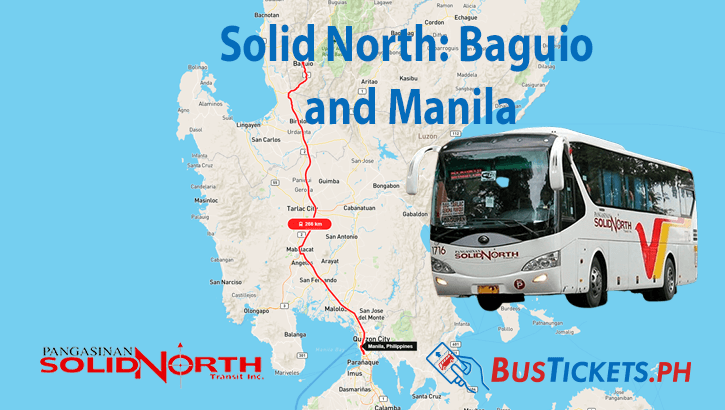 Map showing Solid North Bus route between Baguio and Manila via TPLEX with bus photo and brand logos