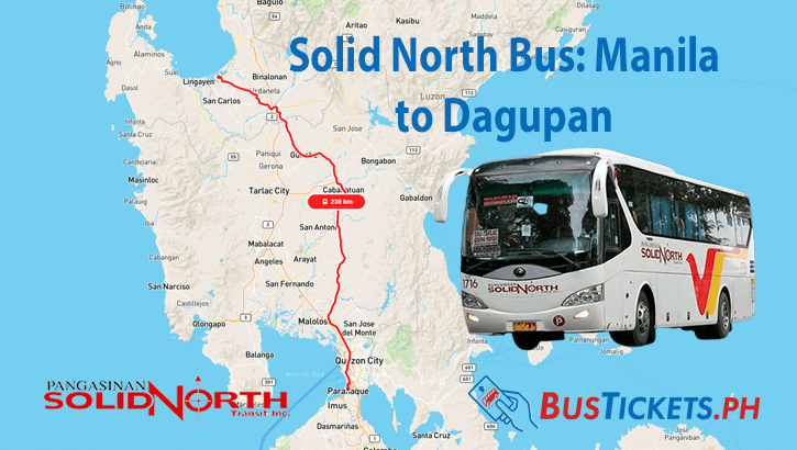 Map showing Solid North Bus route from Manila to Dagupan via TPLEX with bus photo and brand logos