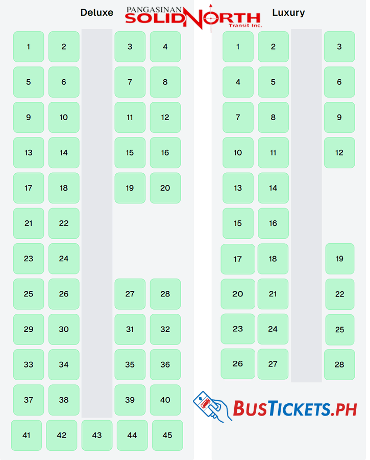 Solid North Transit bus seating layout showing Super Deluxe 45-seater with 2-2 configuration and Luxury 28-seater with 2-1 configuration