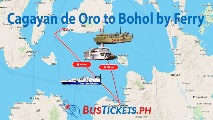 Map illustrating ferry routes from Cagayan de Oro to Bohol with vessels from Trans-Asia Shipping, Lite Ferries, and Cokaliong Shipping, showing distances of 190 km and 132 km.