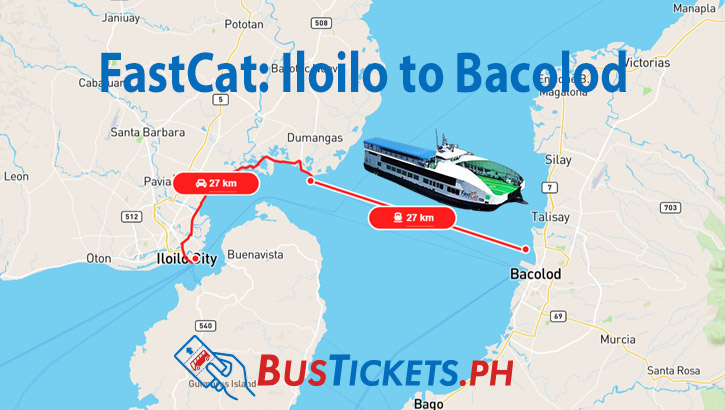 Map showing FastCat ferry route from Iloilo to Bacolod, featuring a FastCat vessel and distance markers of 27 km for both sea and land journeys.