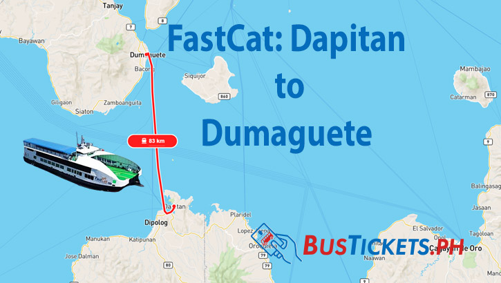 Map showing ferry route between Dapitan and Dumaguete with FastCat ferry illustration