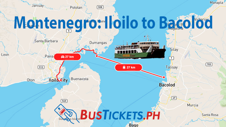 Map showing Montenegro Lines ferry route between Iloilo City and Bacolod with a RoRo vessel illustration and BusTickets.ph logo