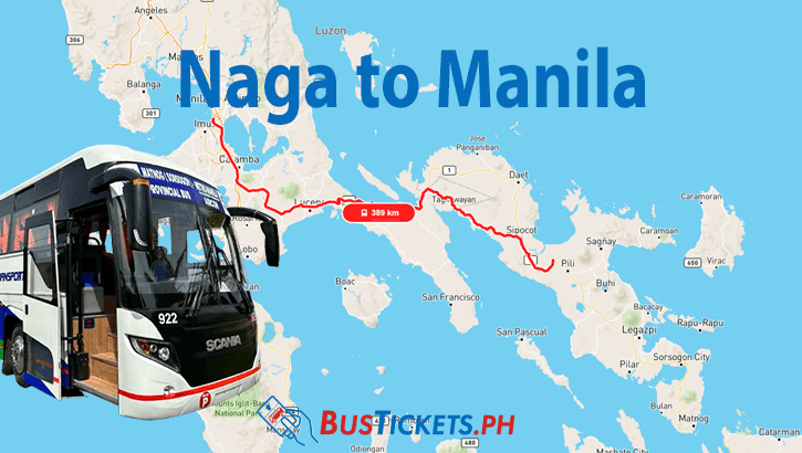 Map showing bus route from Naga to Manila with Legaspi St Jude Regular bus and BusTickets.ph logo