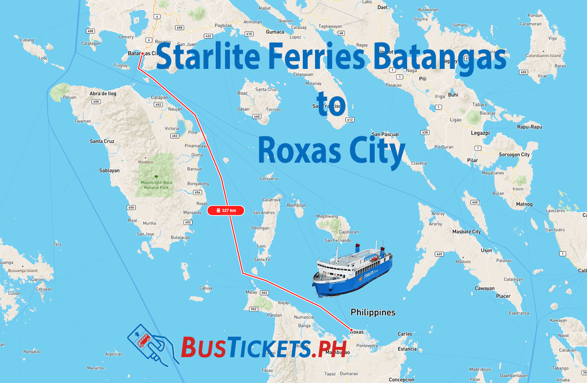 Map showing ferry route between Batangas and Roxas City with Starlite Ferries vessel illustration