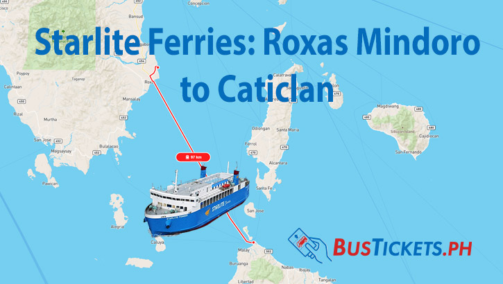 Map showing ferry route between Roxas Mindoro and Caticlan with Starlite Ferries vessel illustration and BusTickets.ph logo