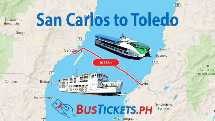 Map of the San Carlos to Toledo ferry route, featuring a red line marking the 28 km path. Both Lite Ferries and FastCat ferries are prominently displayed, with the text "San Carlos to Toledo" at the top and the BusTickets.ph logo at the bottom.