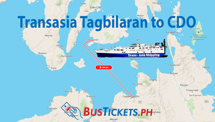 Map showing the ferry route from Tagbilaran to Cagayan de Oro with a Trans-Asia Shipping vessel illustration and a distance of 190 km.