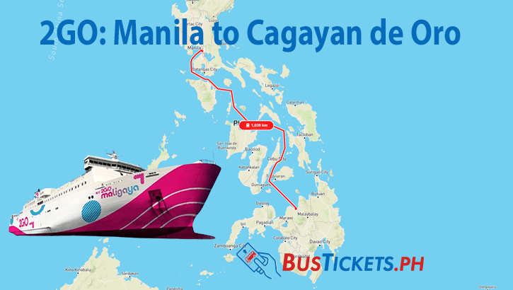 Map showing 2GO ferry route from Manila to Cagayan de Oro with illustration of pink and white ferry vessel