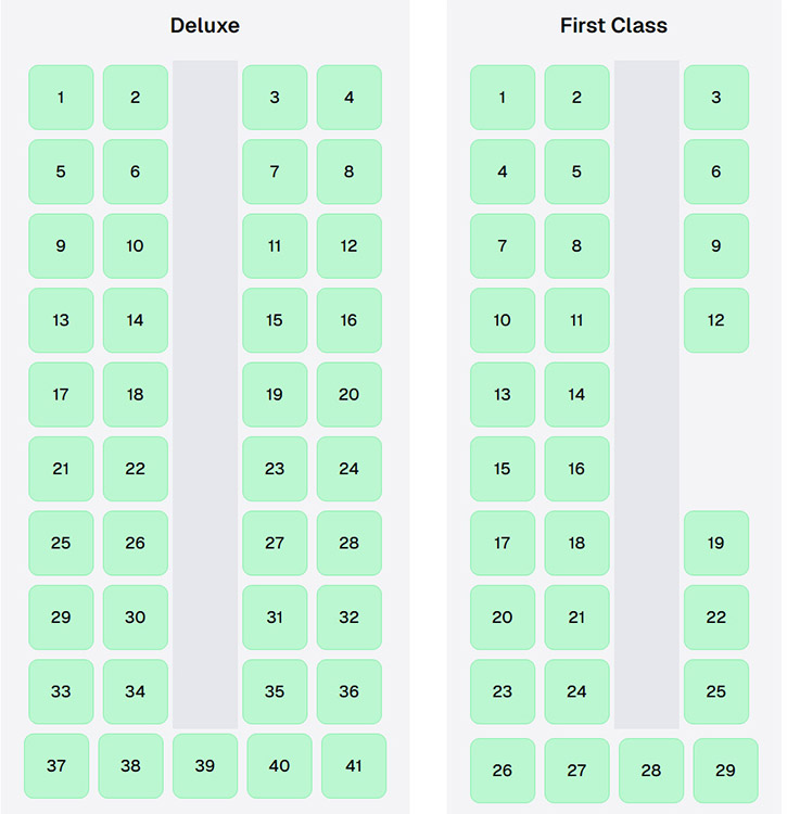 Victory Liner Deluxe and First Class bus seating layouts showing different seat configurations.