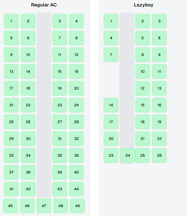 DLTB bus seating layout showing two configurations: 'Regular AC' with a 2x2 arrangement and 'Lazyboy' with a 2x1 arrangement.