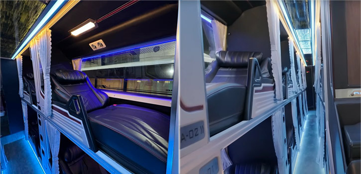 Interior of the Victory Liner Royal Class Sleeper Bus with private capsule-style berths.