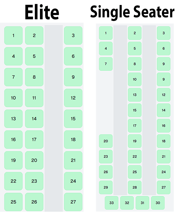 Comparison of Bicol bus seating layouts showing Elite 2-1 configuration with 27 seats and Single Seater configuration with 33 seats