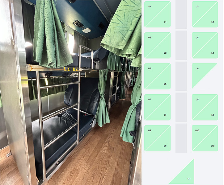 Split view of Bicol Isarog sleeper bus showing interior photo of bunk beds with curtains and diagram of 10 double-deck berth layout for 20 total beds