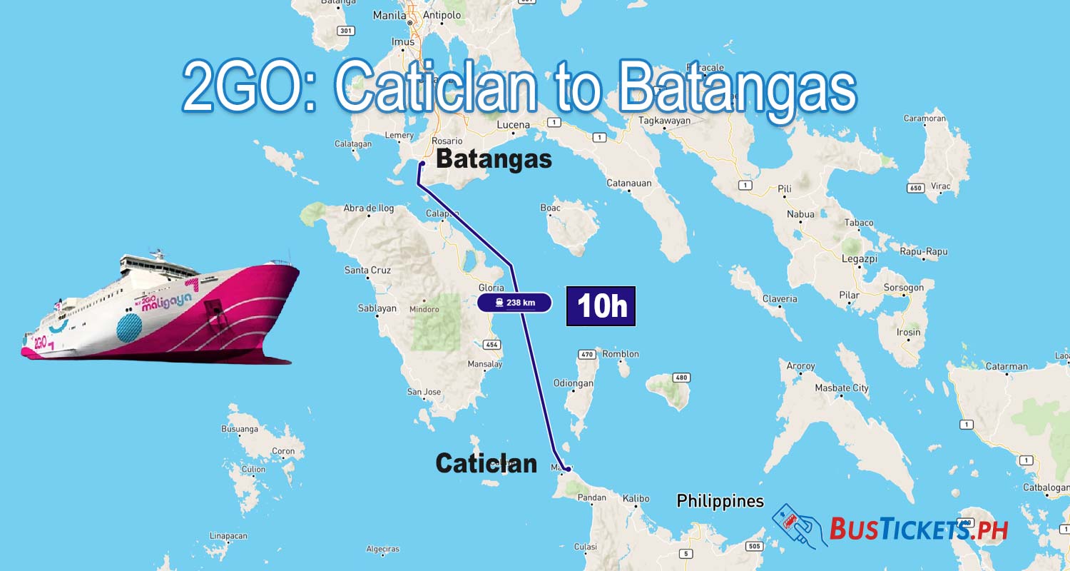 2GO Travel ferry route map from Caticlan to Batangas showing 238km and 10-hour journey