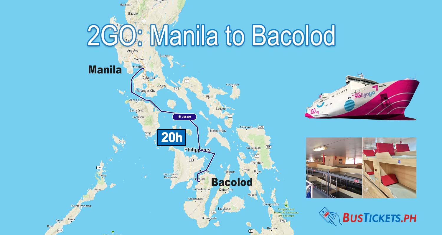 Detailed map of Manila to Bacolod ferry route showing 705 km distance and 20-hour journey time with 2GO vessel and cabin interior photos