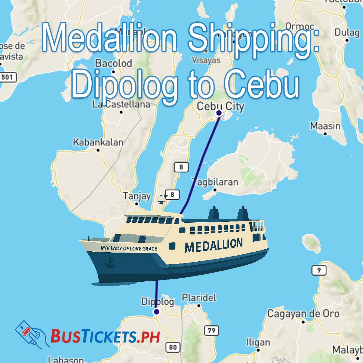 Map of the Medallion Dipolog to Cebu ferry route with a cartoon ship and BusTickets.ph logo.