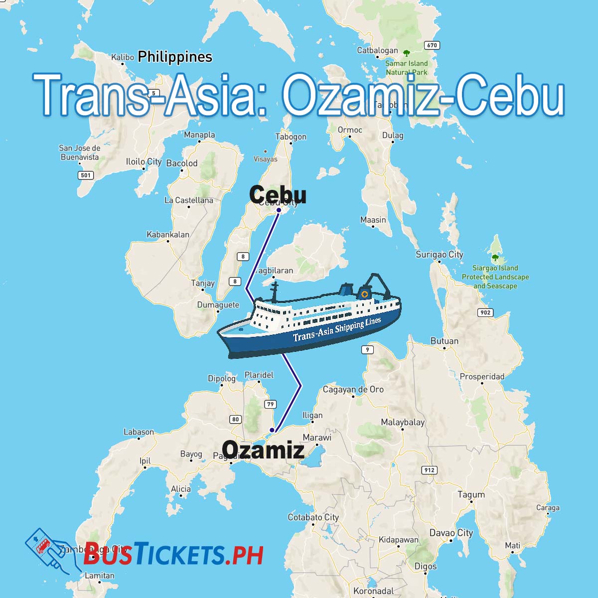 Map of the Trans-Asia Ozamiz to Cebu ferry route, featuring a cartoon ship and BusTickets.ph logo.