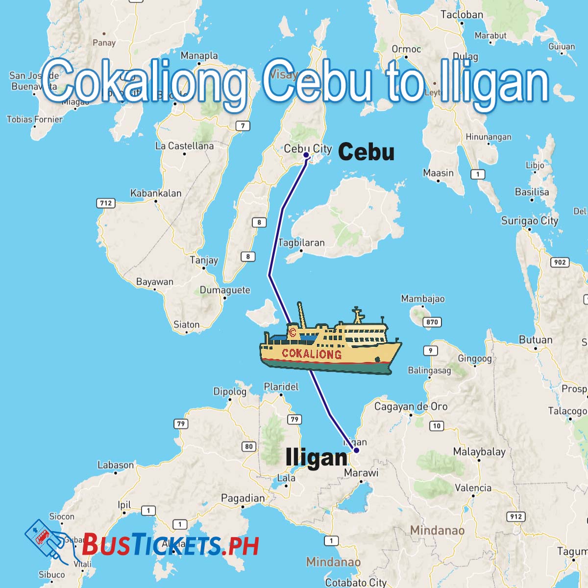 Map showing Cokaliong ferry route from Cebu to Iligan with vessel illustration across Philippine waters