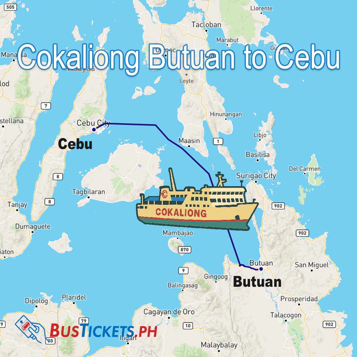 Map of the Cokaliong Butuan to Cebu ferry route with a cartoon ship and BusTickets.ph logo.