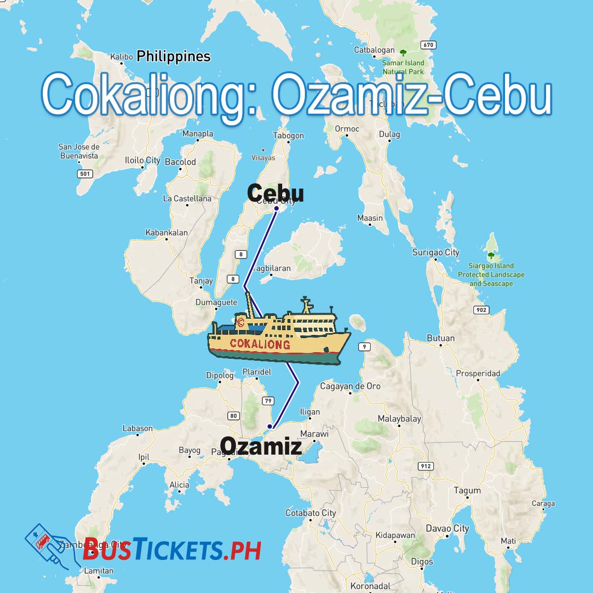 Cokaliong Shipping Lines route map showing Ozamiz to Cebu ferry crossing the Bohol Sea with illustrated ferry vessel