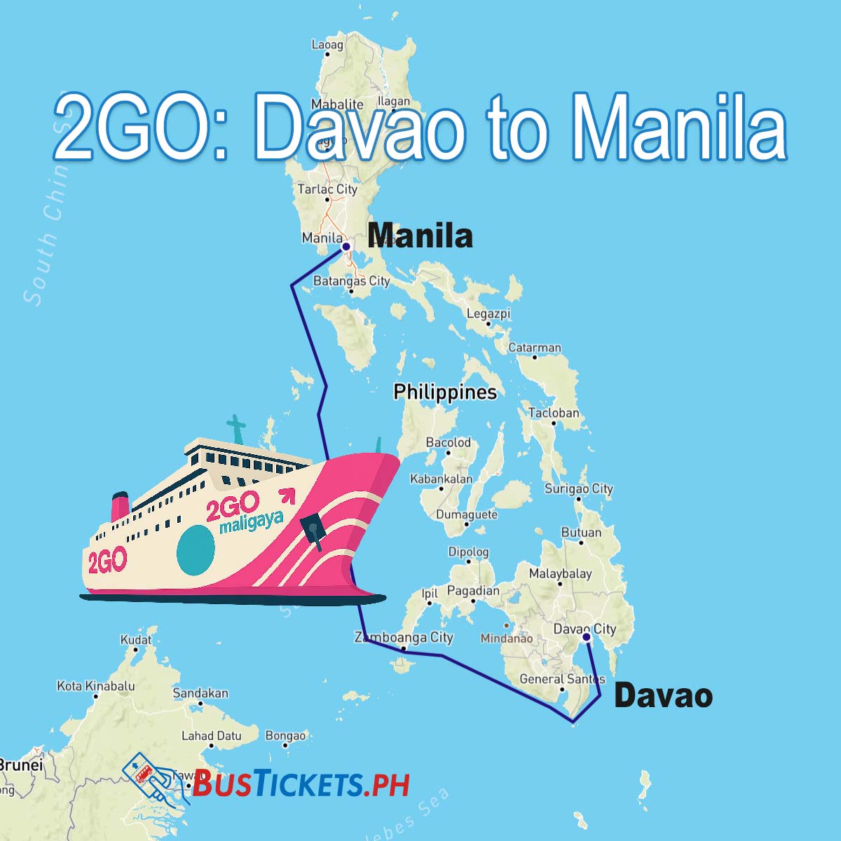 2GO ferry route map showing Davao to Manila journey across Philippines with pink ferry illustration and 1,625km distance marked
