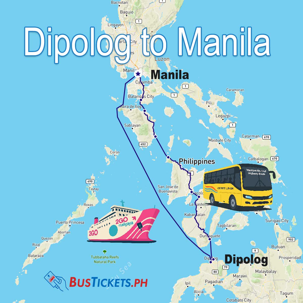 Map showing Dipolog to Manila travel routes with RoRo bus and 2GO ferry options across Philippine islands