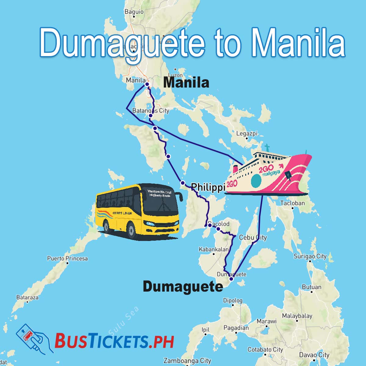Map showing Dumaguete to Manila travel routes with RoRo bus and 2GO ferry options across Philippine islands