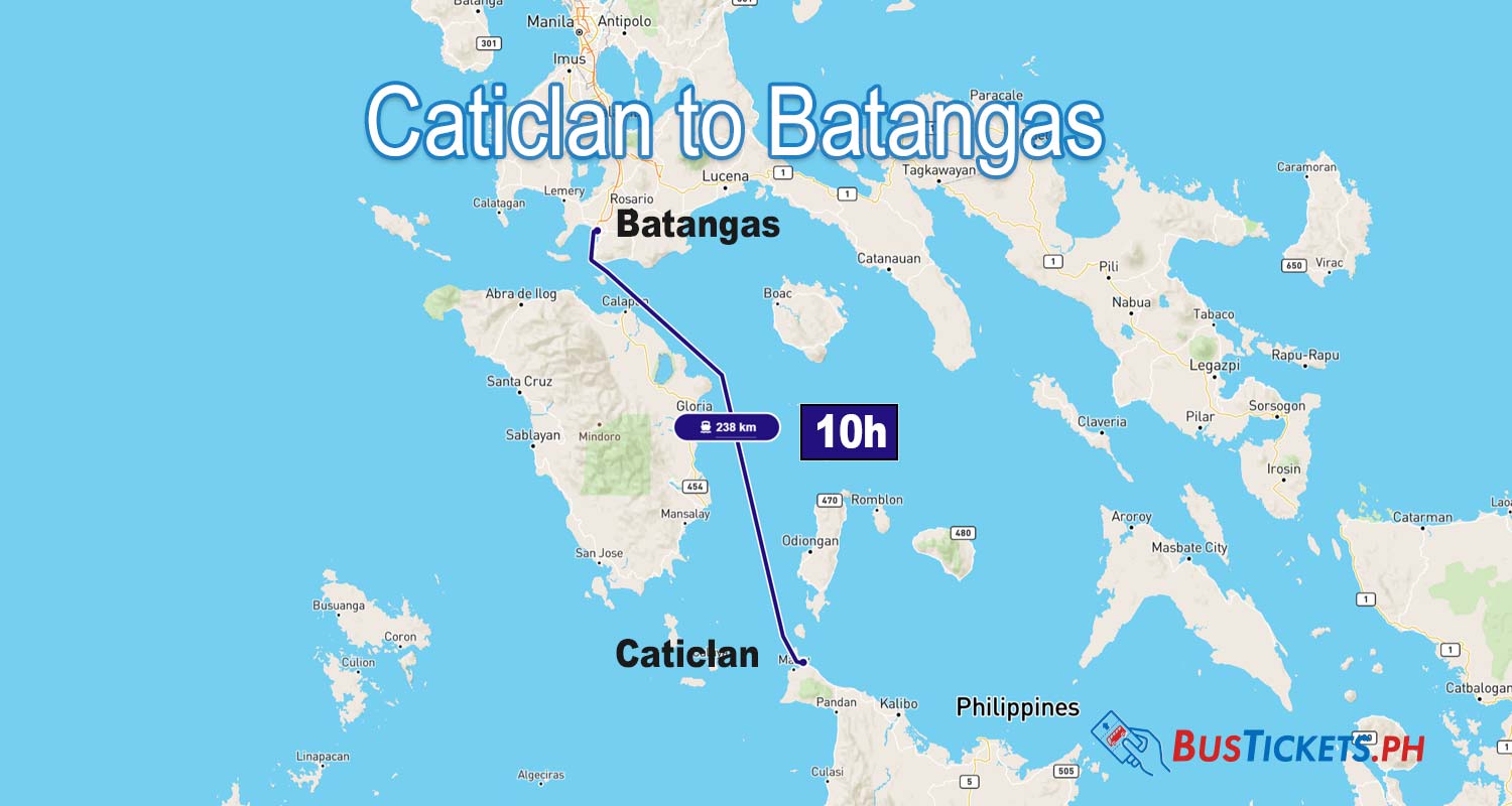 Map showing Caticlan to Batangas ferry route across Philippine waters with 238 km distance and 10-hour journey time.
