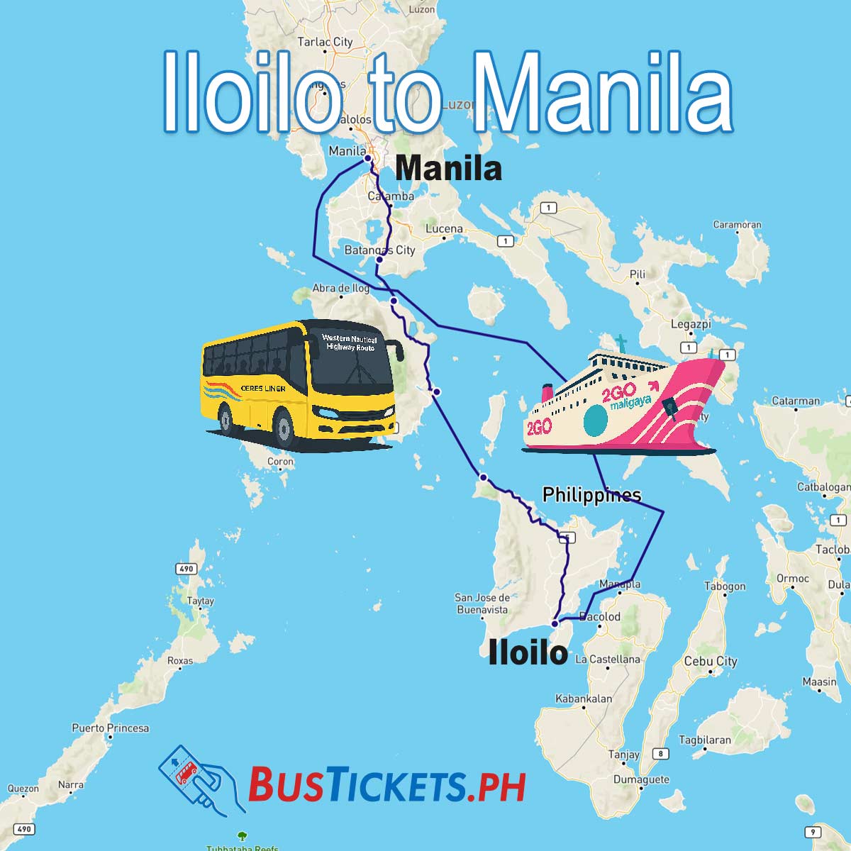 Map showing Iloilo to Manila travel routes with 2GO ferry and RoRo bus options across Philippine islands
