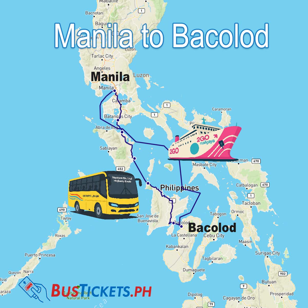 Map showing Manila to Bacolod travel routes with 2GO ferry and RoRo bus options across Philippine islands