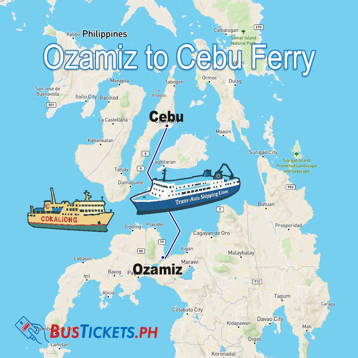 Map of Ozamiz to Cebu ferry routes with cartoon Trans-Asia and Cokaliong ships, and BusTickets.ph logo.