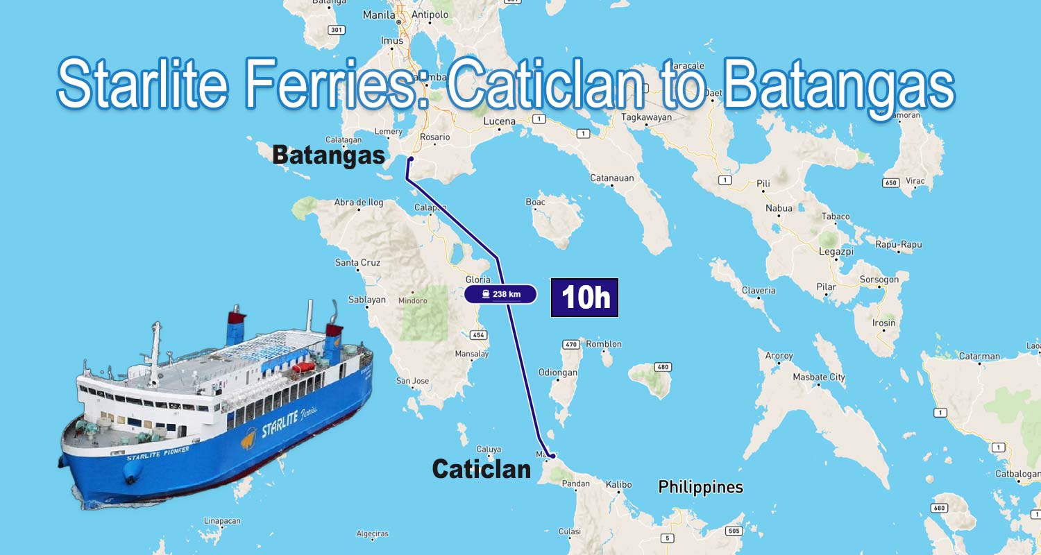 Map showing Starlite Ferries route from Caticlan to Batangas across Philippine waters, with a blue ferry vessel and journey details indicating 238 km distance and 10-hour travel time.