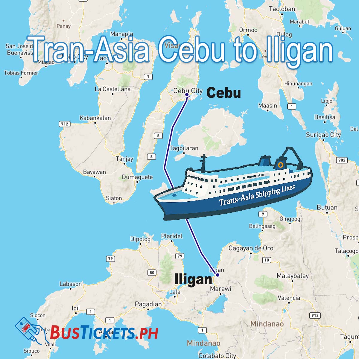 Map showing Trans-Asia ferry route from Cebu to Iligan with vessel illustration across Philippine islands